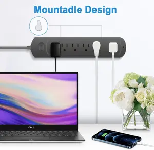 Wall-mountable 1700J surge protector power strip with widely spaced outlets and a 45° angled plug, eliminates bulky chargers blocking sockets—a tidy desktop solution for home office workers.