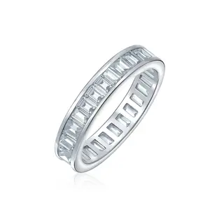 Cubic Zirconia Emerald Cut Baguette CZ Eternity Band Ring Sterling Silver 4MM