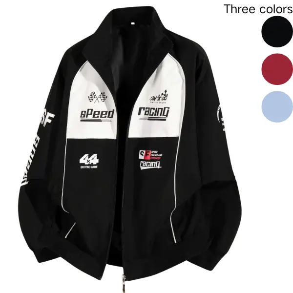 Unisex Color Block Racing Jacket, Speed Racing Graphic Stand Collar Zip Up Windbreaker, Y2K Streetwear Moto Outerwear for Men Women, 3 Colors Available
