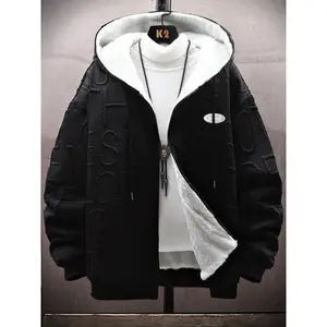 Men's Solid Color Jacquard Thermal Lined Zip Up  Hoodie  Jacket, Regular Fit Casual Pocket Drawstring Drop Shoulder Outerwear for Fall & Winter, Men's Clothes for Daily Wear