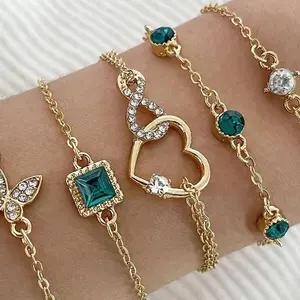 5PCS Heart Crystal Bracelet Set for Women, Green Stone Butterfly Rhinestone Jewelry, Gold Tone Fashion Wrist Accessories