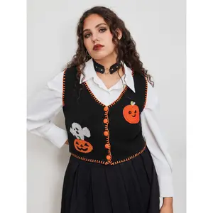 Cider [size 12/14-26] Knit V-neck Pumpkin Ghost Contrasting Binding Vest Curve & Plus
