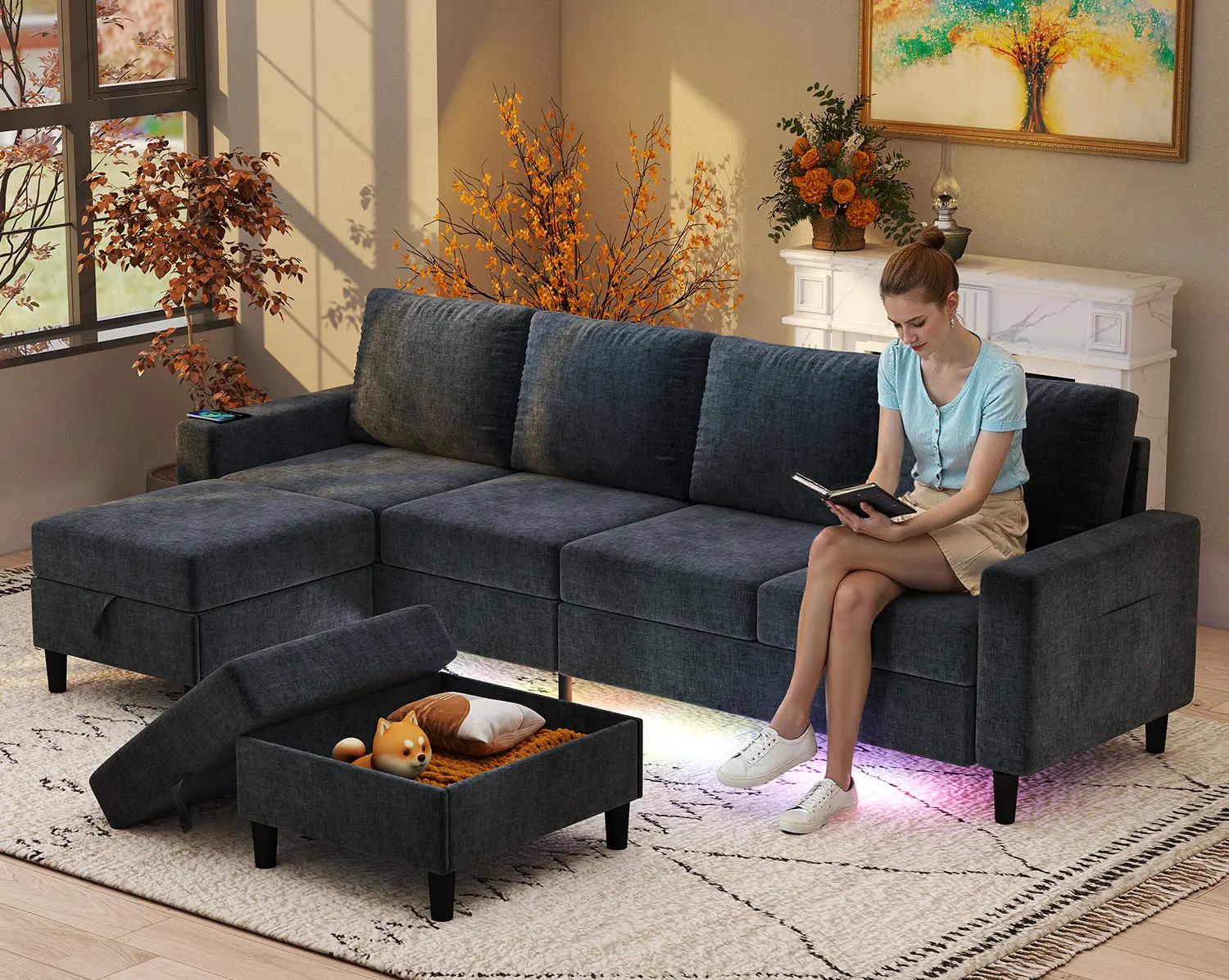 【2-3packages】109-inch 3-in-1 U-shaped comfortable chenille 6-seater modular combination sofa with adjustable height, built-in speakers, wireless charging, LED lights, freely movable storage modules, supported by high-density foam and springs