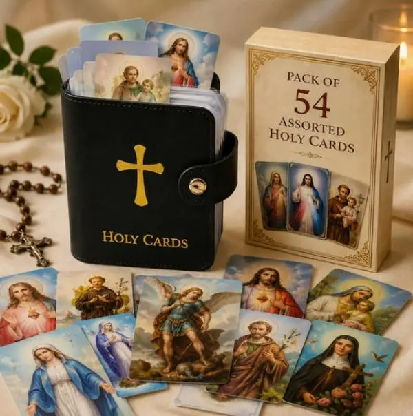 Catholic Holy Card Holder with 54 Assorted Prayer Holy Cards, Leather Cross Prayer Card Organizer, Snap Closure Religious Card Storage Case for Daily Devotion, Christian Religious Gift for Women Men