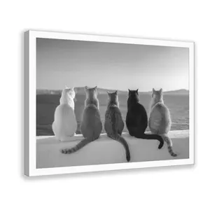 Cats And Ocean Black & White Photography,Black and White, Photograph, Retro,Cozy Neutral Canvas Wall Art, Farmhouse Decor for Bedroom and Living Room.