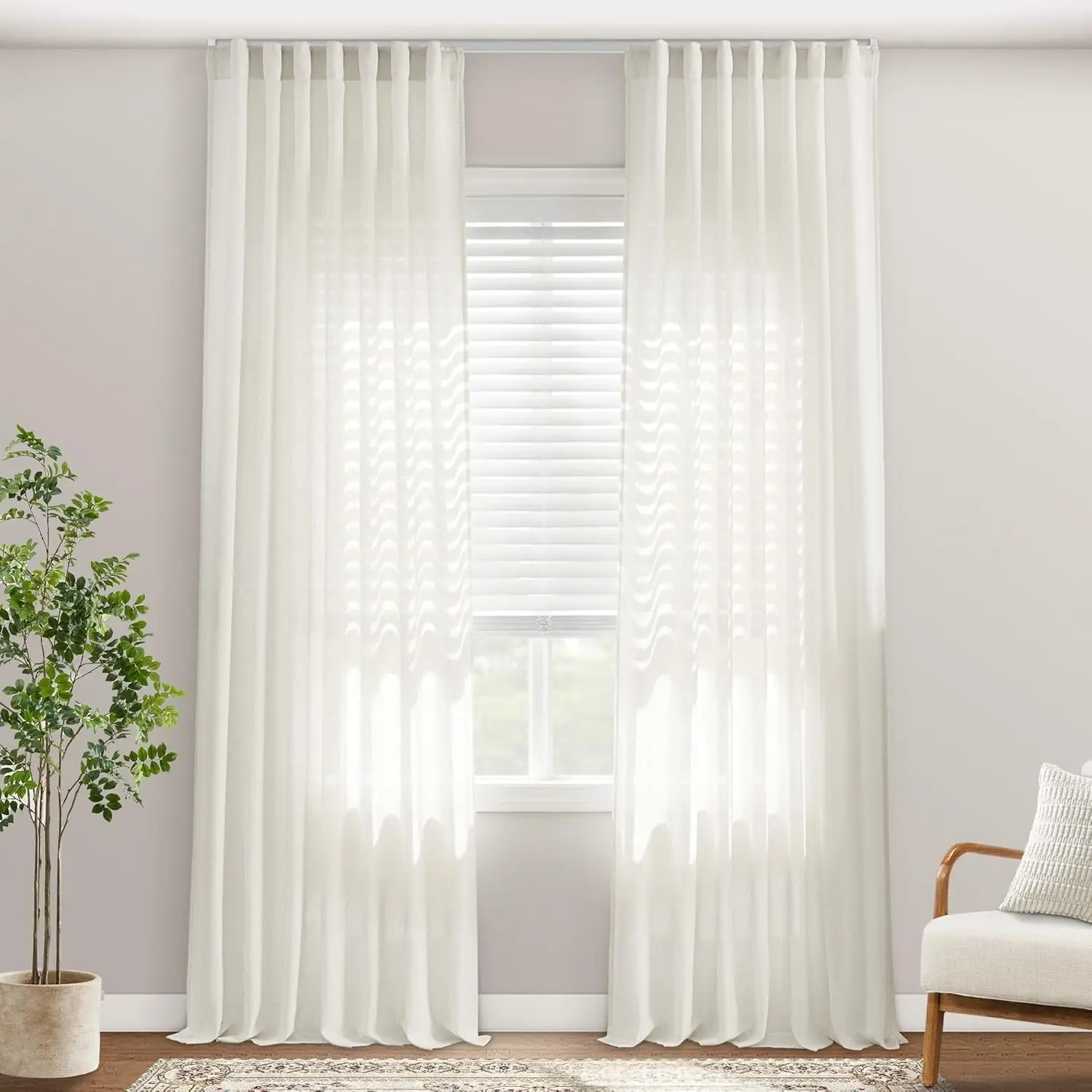 Extra Long 120 Inch Linen Sheer Curtains 10 FT Track System Curtain Drapes with Hooks for Living Room High Ceiling Window 2 Panels Set Cream