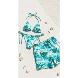 Teal and Lime Green Palm Leaf Bikini & Men's Trunks, Tropical Ocean Breeze Swimsuit, Matching Honeymoon Beachwear Matching Couple Swimwear Set