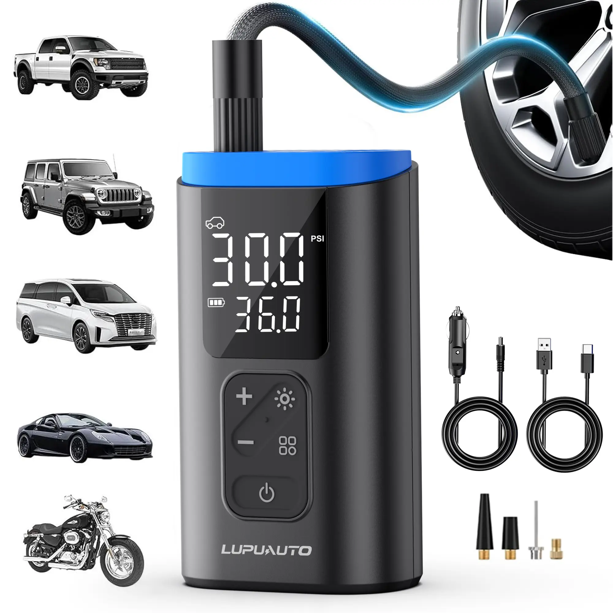 LupuAuto Cordless Handheld Tire Inflator - 150 PSI Auto-Stop Quick Fill Inflation Pump, USB Charging & 12V Power Sources, Portable Car Pump for Cars, Motorcycles, Tire Inflation Pump