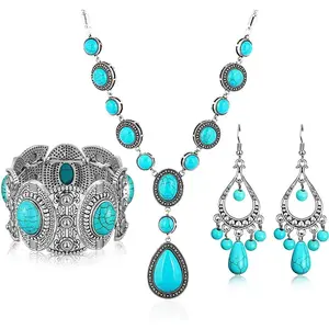 3Pcs Bohemian Turquoise Jewelery Set for Women Western Jewelry Boho Turquoise Choker Necklace Pendant Vintage Dangle Earring Stretchable Bracelets Cowgirl Wedding Party Gift for Birthday Girlfriend