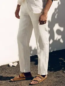 Men's Solid Straight Leg Linen Pants, Regular Fit Casual Comfy Breathable Trousers for Daily Wear, Men's Bottoms for Summer, Loose Wideleg Trousers, Wide Legged Pants