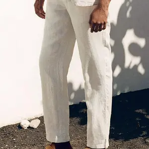 Men's Solid Straight Leg Linen Pants, Regular Fit Casual Comfy Breathable Trousers for Daily Wear, Men's Bottoms for Summer, Loose Wideleg Trousers, Wide Legged Pants