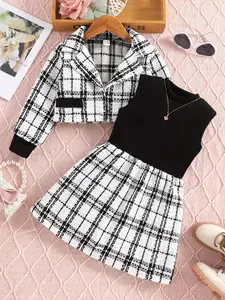 Two-piece Set Girls Plaid Print Lapel Neck Blazer & Sleeveless Tank Dress Set, Fashion Outfits for Daily Outdoor Wear, Girls Fancy Dress, Formal Co-ord Sets, Fine Girls Outfit
