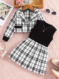 two-piece set girl's plaid print lapel neck blazer & sleeveless tank dress set, elegant fashion outfits for daily outdoor wear, girls clothing for fall, girls clothing sets