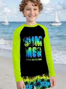 Boys' Long Sleeve Sun Protection Swimsuit Set, Cartoon Pattern Loose Fit Shorts, Pool Beach Wear, Casual Style, Swimsuits With Shorts, Swimwear Set, Swimwear Outfits