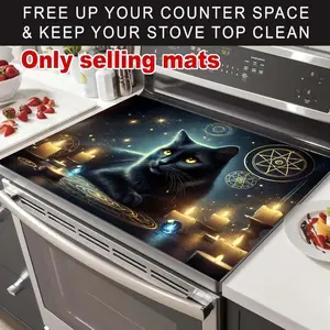 Mysterious Cat Pattern Rubber Stove Protector, Trivet, Heat Resistant, Non-Slip, Water Absorbent, Easy Clean, Kitchen Counter Pad, Kitchenware