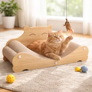 Curved Cat Scratching Sofa with Wood Frame – Corrugated Cardboard Lounge Design for Indoor Cats