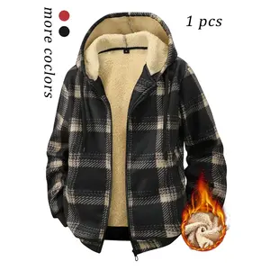 Men’s winter thermal-lined fleece plaid hooded jacket, vintage-style outdoor sports top, warm and cozy, perfect for cold weather