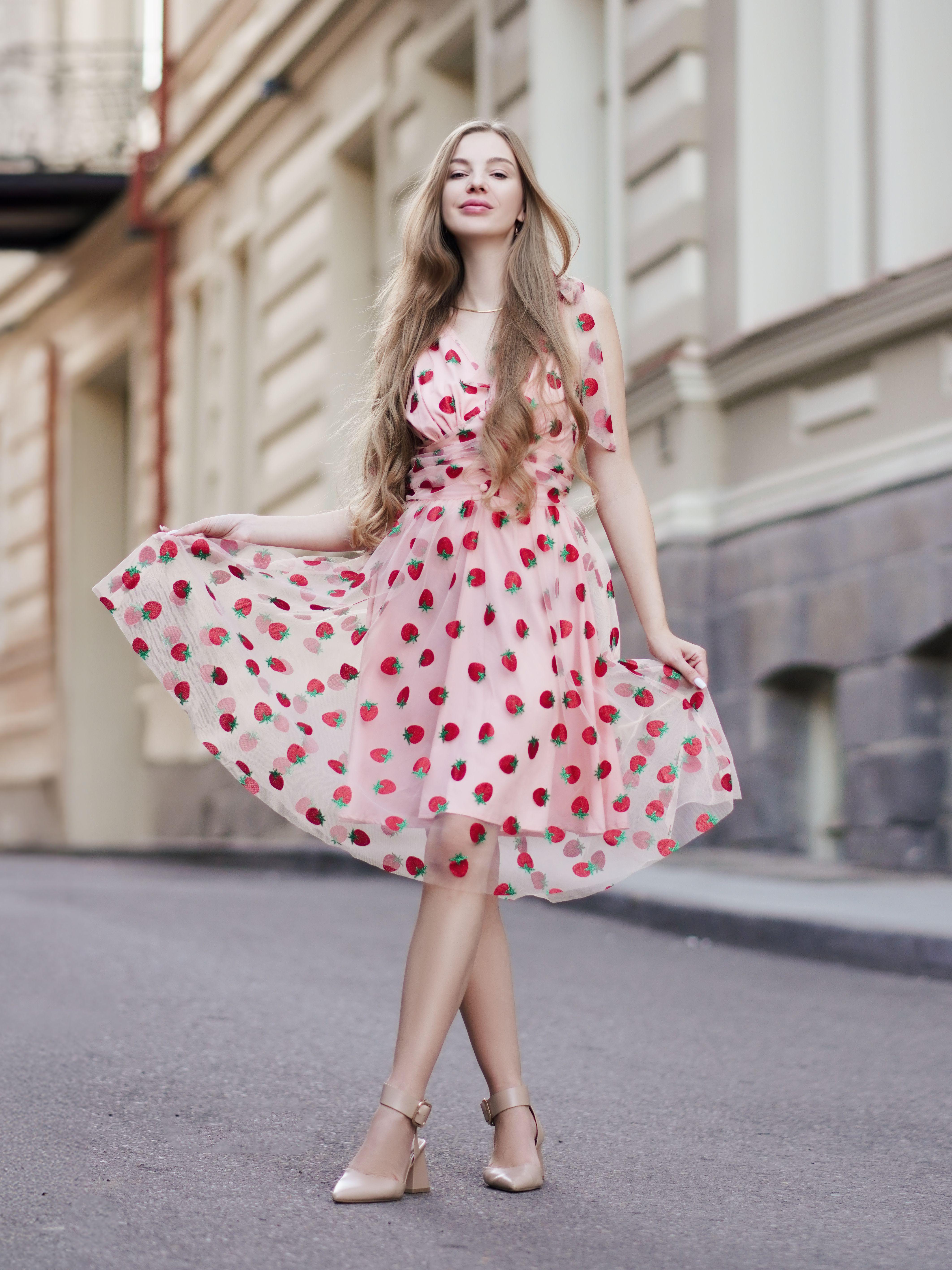 PINK 1950S STRAWBERRY MESH SWING DRESS Casual Elegant Classy Casual Breathable Outfits