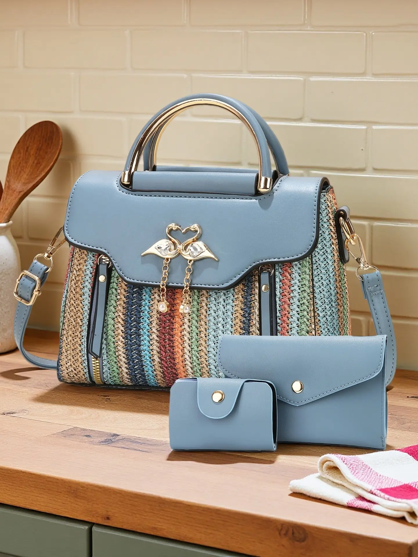 Fashion Colorful Striped Women's Small Handbag Set, Casual Versatile Ladies Shoulder Bag, Simple Crossbody Bag, Fashionable Versatile Purse, Multiple Colors Available