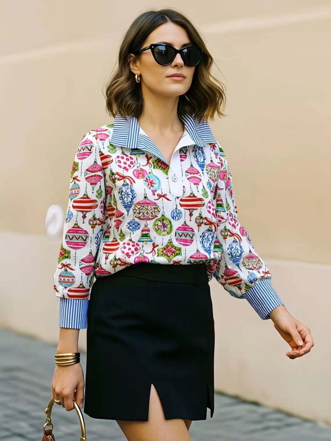 Women's Feminine Ornament Print Blouse, Elegant V-Neck Long Sleeve Lightweight Top for Spring Office, Teacher & Easter, Style, Shirts, Piece, Fabric, Casual, Everyday, Breathable, Polyester