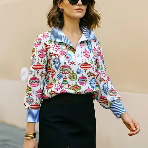 Women's Preppy Fitted Elegant Artful Plants Print Blouse - V-Neck Long Sleeve Polyester Top, Dressy Yet Office-Friendly, Breathable, Lightweight, Pairs Easily With Skirts Or Jeans (Teacher Appropriate For Spring Office)