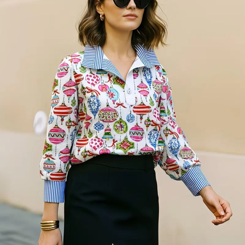 Women's Preppy Fitted Elegant Artful Plants Print Blouse - V-Neck Long Sleeve Polyester Top, Dressy Yet Office-Friendly, Breathable, Lightweight, Pairs Easily With Skirts Or Jeans (Teacher Appropriate For Spring Office)