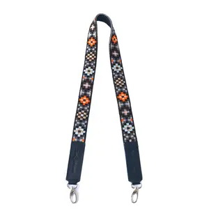 Mai Woven Bag Strap - Brown & Orange with Black Leather