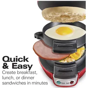 Hamilton Beach Breakfast Sandwich Maker with Egg Cooker Ring - Customize Your Ingredients for Perfect English Muffins, Croissants, and Mini Waffles, Red