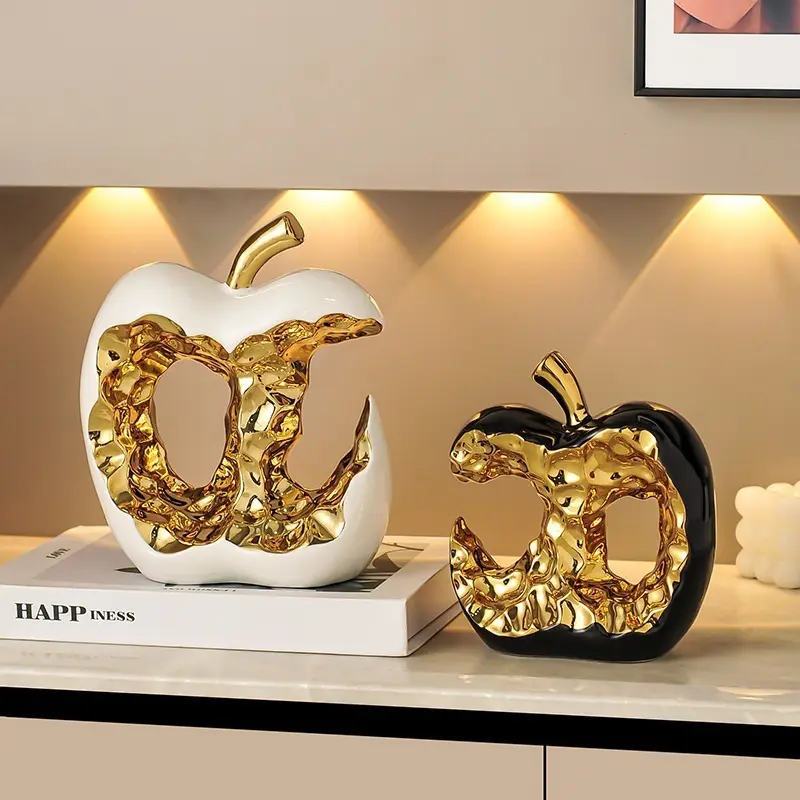 Luxury Gold & White Apple Decorative Sculpture - Modern Hollow-Out Resin Statue for Home, Office, and Table Centerpiece