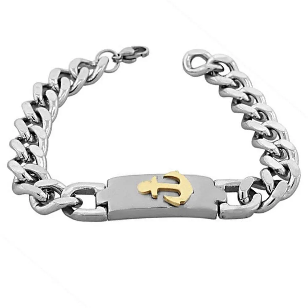 Men's 2-Tone Stainless Steel Cuban Link Chain Bracelet, Nautical-Themes Casual Fashion Accessory with Nautical Anchor Charm, 8.50in, Anchor Motif, Classic Links, Two-Tone Look