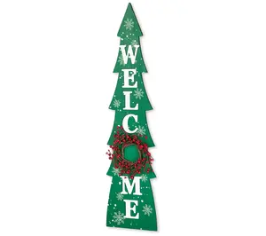 Glitzhome 42" WELCOME Christmas Tree Porch SignW Mini Wreath