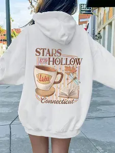 Vintage Style Graphic Stars Hollow Hoodie, Luke's Coffee & Connecticut Design, Gilmore Girls Nostalgia, Casual Fitted Long Sleeve Drawstring Women's Hoodie Sweatshirts Womenswear
