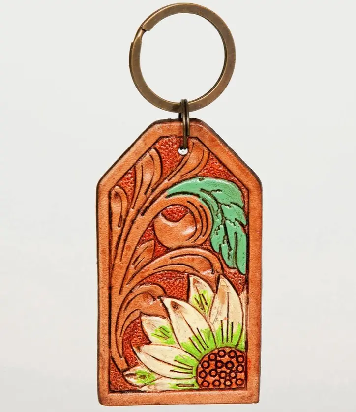 Sunflower Southwestern Wester Boho Hand Tooled Carved Genuine Leather Keyring