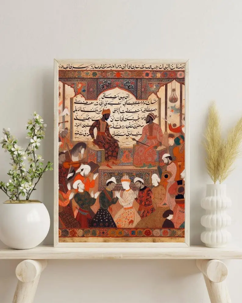 Ottoman Calligraphy Miniature Poster, Oriental Medieval Muslim Artwork, Persian Middle Eastern Historical Print, Islamic Pastel Wall Art