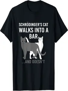 220g 100 Men'S Casual Oversize T-shirt |   Schrodinger'S Cat Walks Into a Bar Doesn't Physics Humor Graphic Tee, Black with White Print, Regular Fit, Round Neck, Machine Washable, Quirky Print, Nontransparent Fabric, All-season Apparel