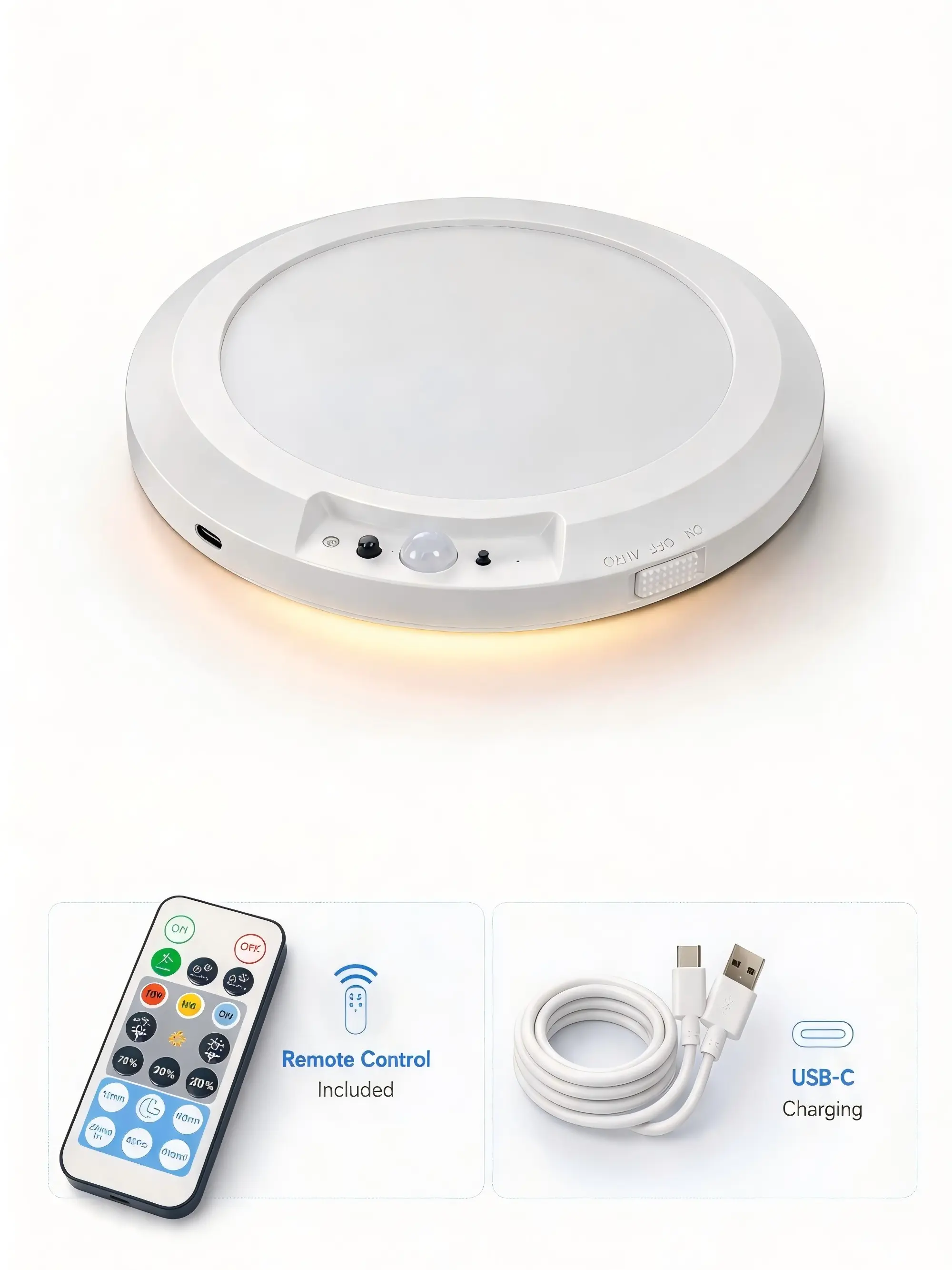 Smart Motion Sensor LED Ceiling Light - USB-C Rechargeable Battery Operated, 3 Color Temp, 10 Brightness Levels, Remote Control, Magnetic Mount for Closet, Hallway