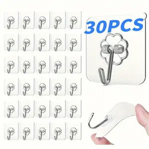 Transparent Adhesive Hook, 30pcs Portable Durable Multifunctional Punch-free Wall Self Adhesive Storage Hook, Kitchen Utensil Hook, Versatile Organizer