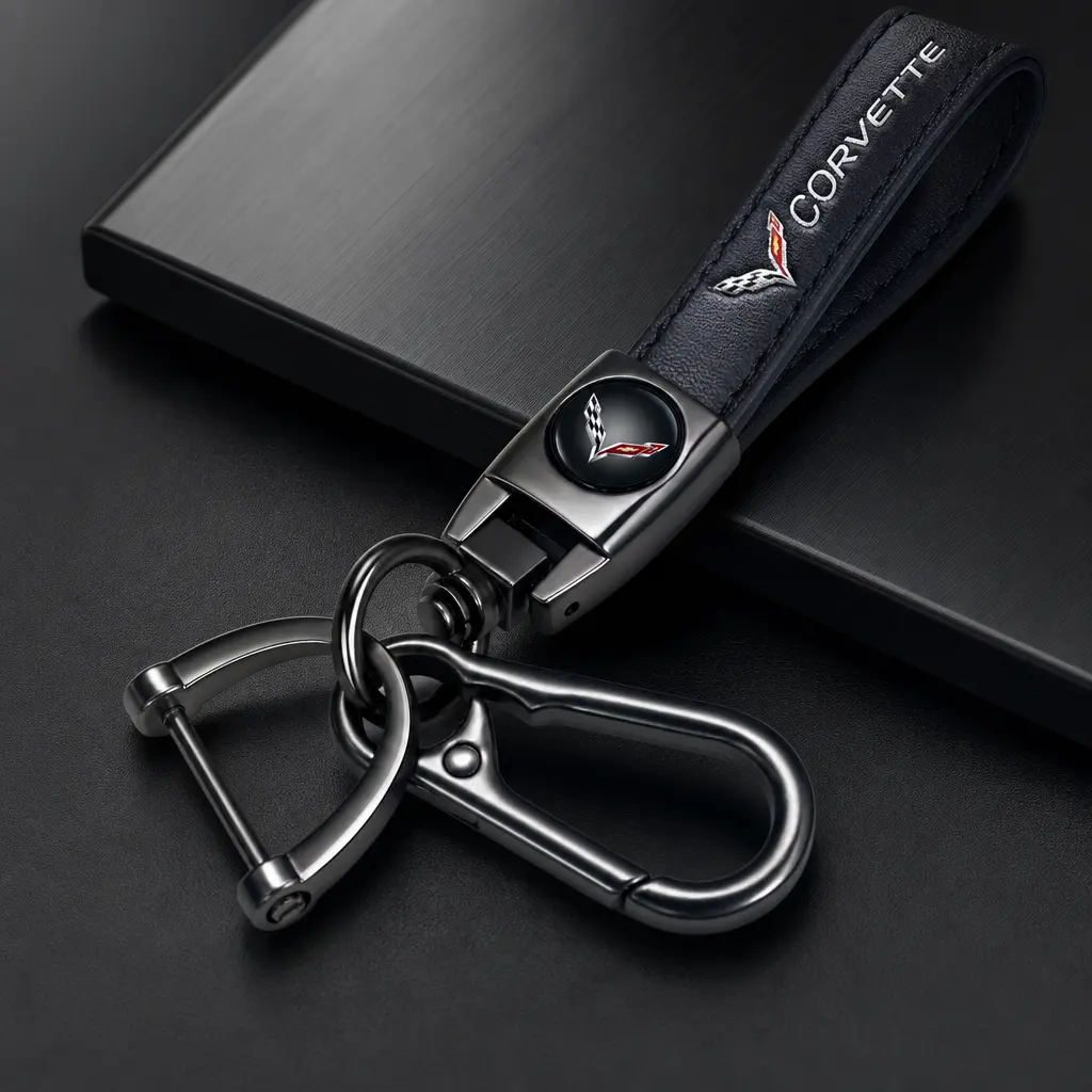 Genuine Leather metal Keychain with Wristlet Strap for CORVETTE Car anti-loss Key ring Accessory Premium Gift Charm Stylish Vehicle Accessories,key fob