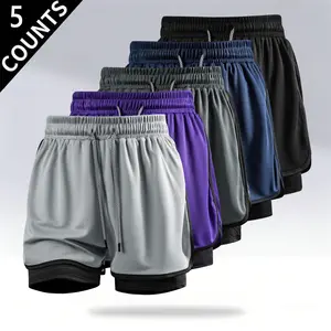 Pack of 5 men’s faux two-piece athletic shorts! Double-layer anti-exposure design, quick-drying breathable mesh fabric—suitable for running, fitness, and basketball; doesn’t trap sweat during training, versatile for everyday wear and going out., Double-La