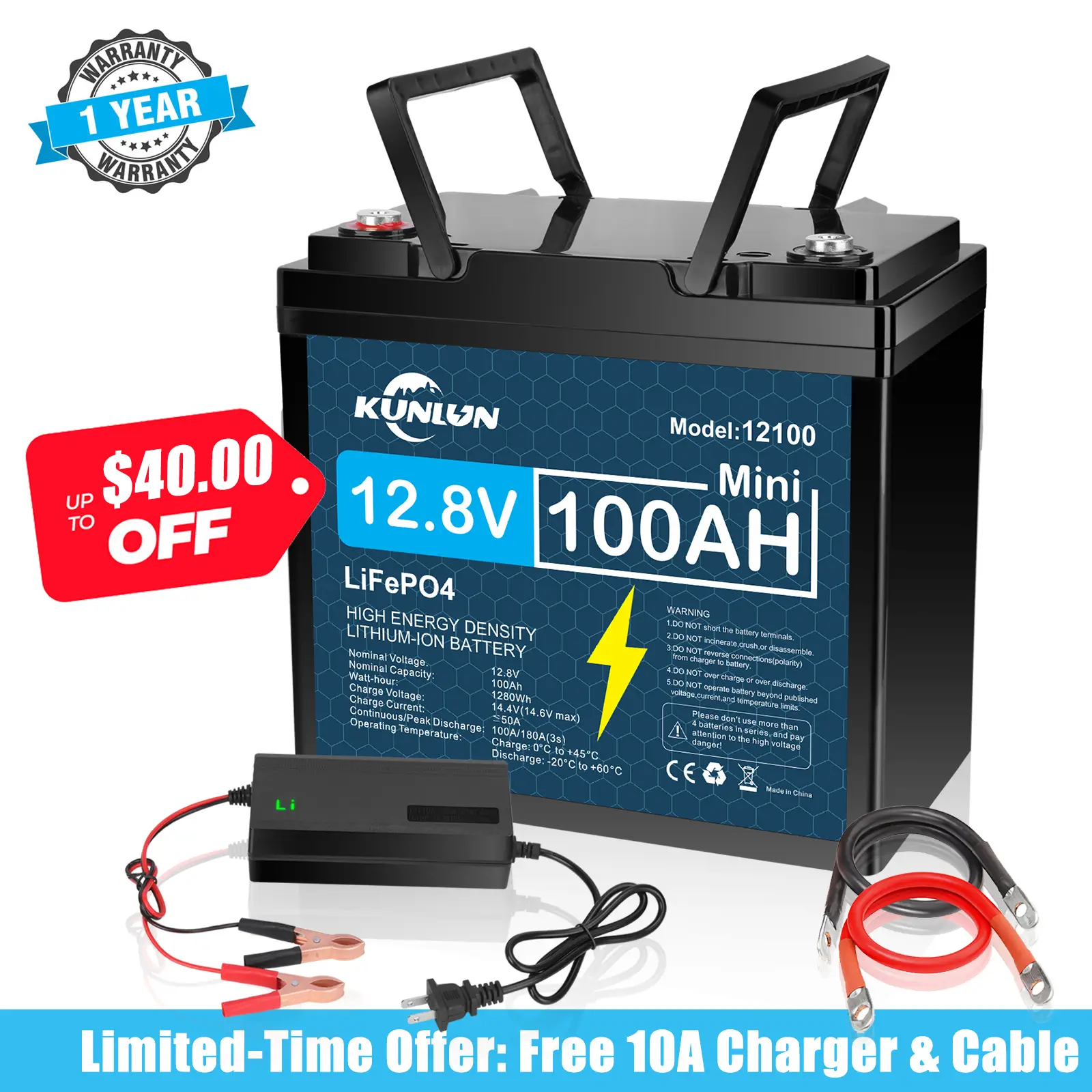 KUNLUN 12V 100Ah LiFePO4 Rechargeable Battery with 100A Smart BMS 5000+ Life Cycles 1280Wh Energy Ideal for RV, Marine, Trolling Motors, Off-Grid, UPS