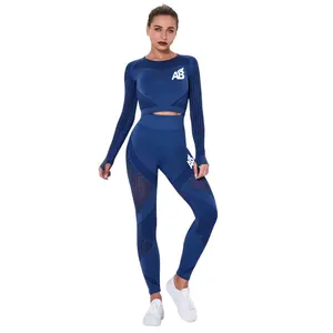 Women’s Seamless Sportswear Set - 2 Piece Long Sleeve Crop Top & High Waist Leggings - Yoga Outfit, Workout Gym Set - Moisture Wicking Fitness Clothes Activewear for Women | Blue Large
