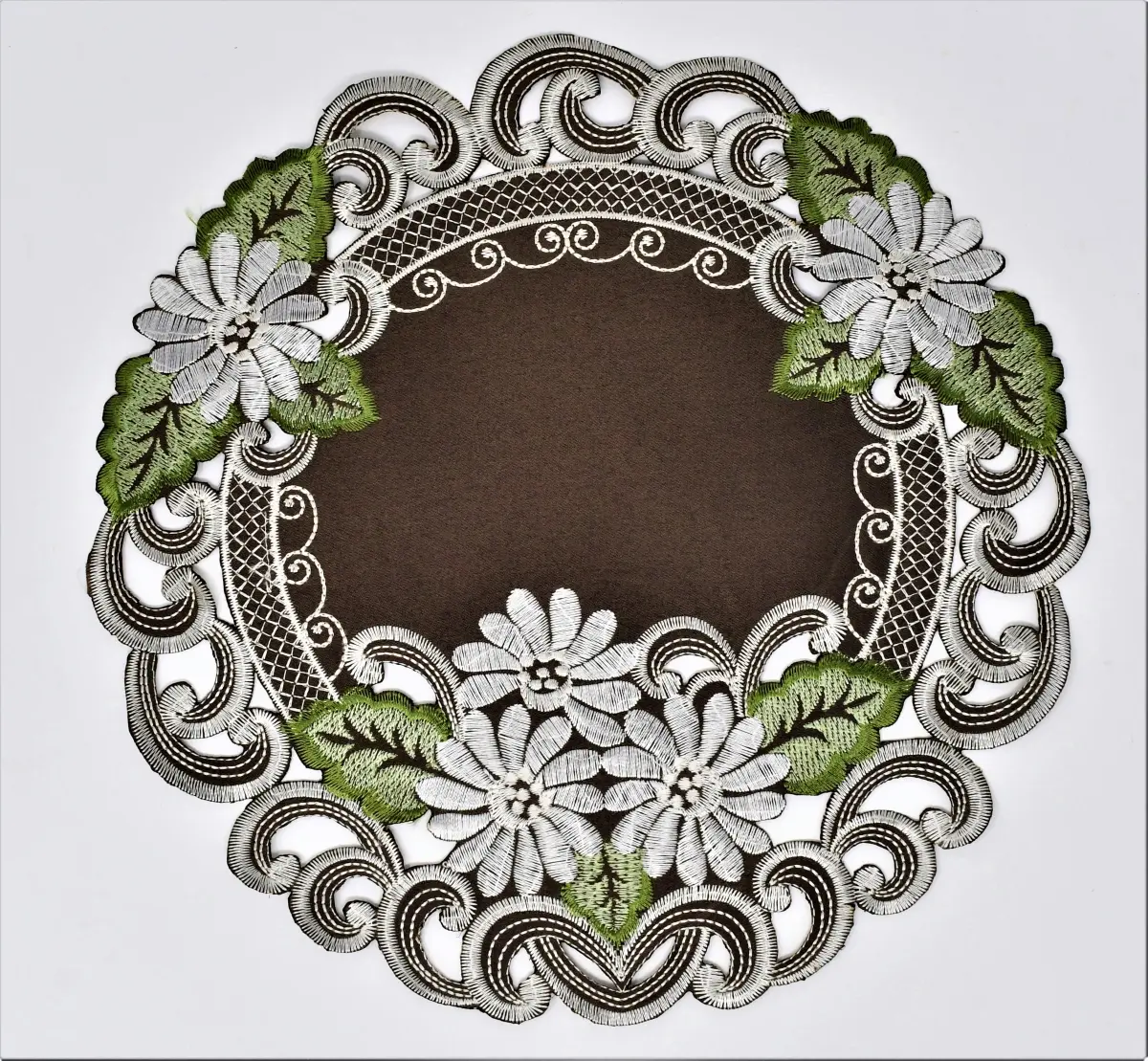 H8852-1-008 8 in. Classic Floral White Daisy Leaves Fabric Doily, Brown Base, for Table Decor