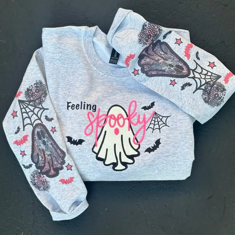 Women's Feeling  Spooky Pullover Sweatshirt - Soft Cotton-Polyester Blend, Glitter HTV, Sublimated Sleeves, Embroidered Design, Custom Appliqué, Everyday Wear