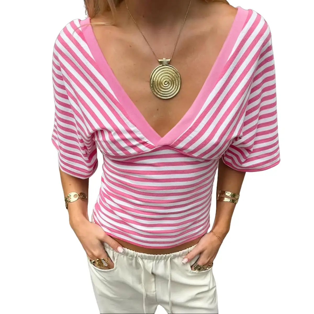 Women's Striped V Neck Crop Top, Slim Fit Dolman Shortsleeve Bodycon Tshirt, Casual Streetwear and Vacation Going Out Tops, Trending Clothes, Crop Tops