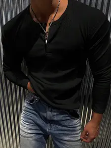 Men's Classic Ribbed Texture Henry Long Sleeve Shirt Top, Casual Button Front Round Neck, Spring & Fall Wear, Fitted Patchwork Style Tee, Menswear
