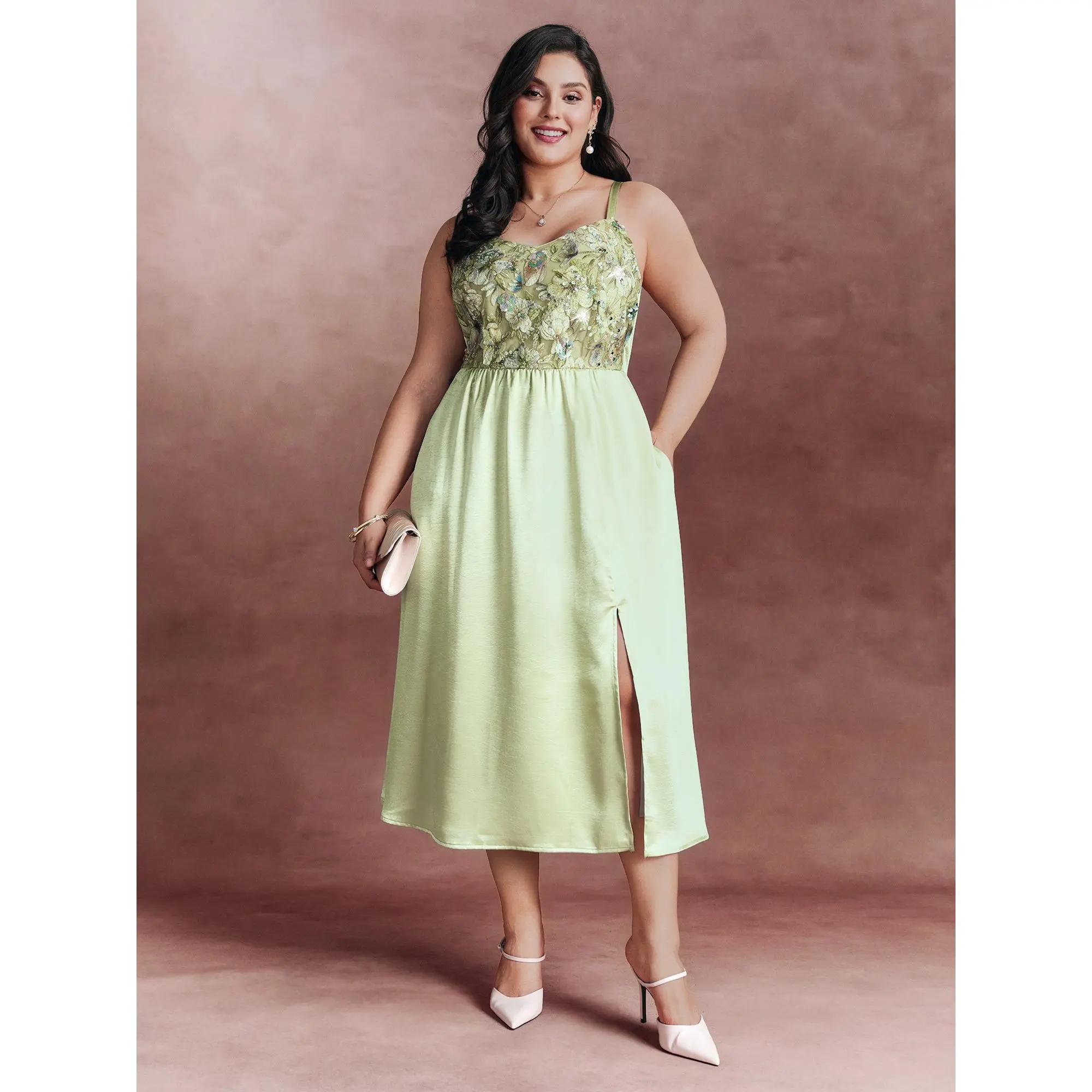 BloomChic Women's Plus Size Formal Satin Midi Dress - Sleeveless V-Neck Sleeveless Top with Sequin Floral Embroidery, Side Slit, Pocket, Breathable Flow, Light Comfy Smooth Polyester Fabric for Wedding Guest
