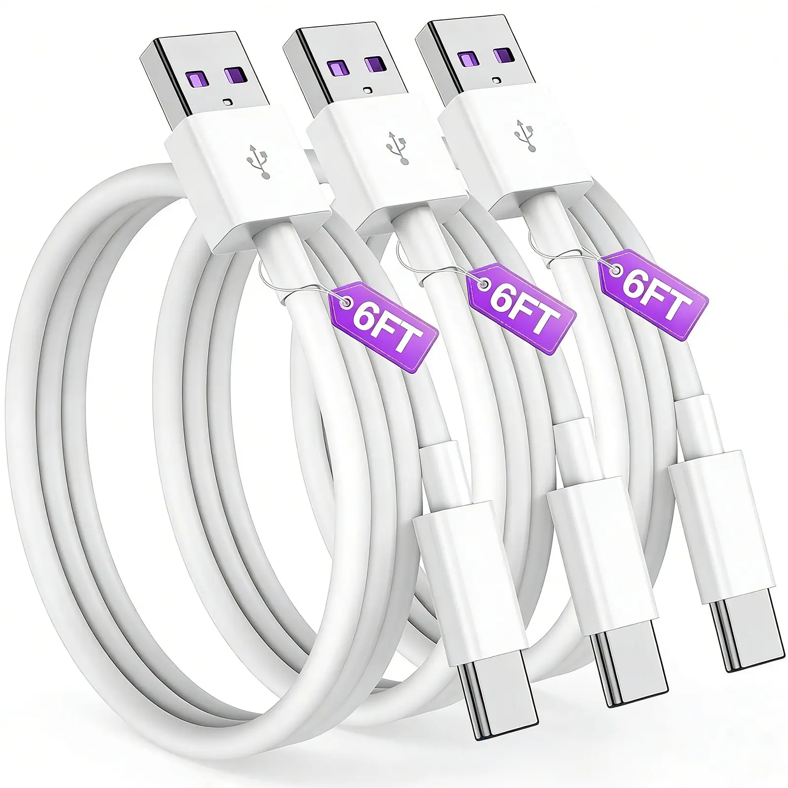 3-Pack USB to Type-C Super Fast Charging Cable, Fast Charging Supported, Type-C Data Line, Fast Charging Cord, Compatible with Huawei, Honor, Vivo, Oppo, Xiaomi Durable High-End