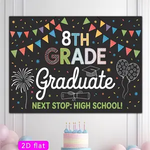 1PC,2D Flat Backdrop 8th Grade Graduation Backdrop, Next Stop High School Theme Grad Party Decor Banner, Colorful Bunting Fireworks Balloons Design Background Cloth for Middle School Graduation Celebr