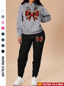 Women's Casual Christmas Sweatshirt Set, Long Sleeve Hooded Top with Pockets, Drawstring Pants, Fall & Winter Fashion