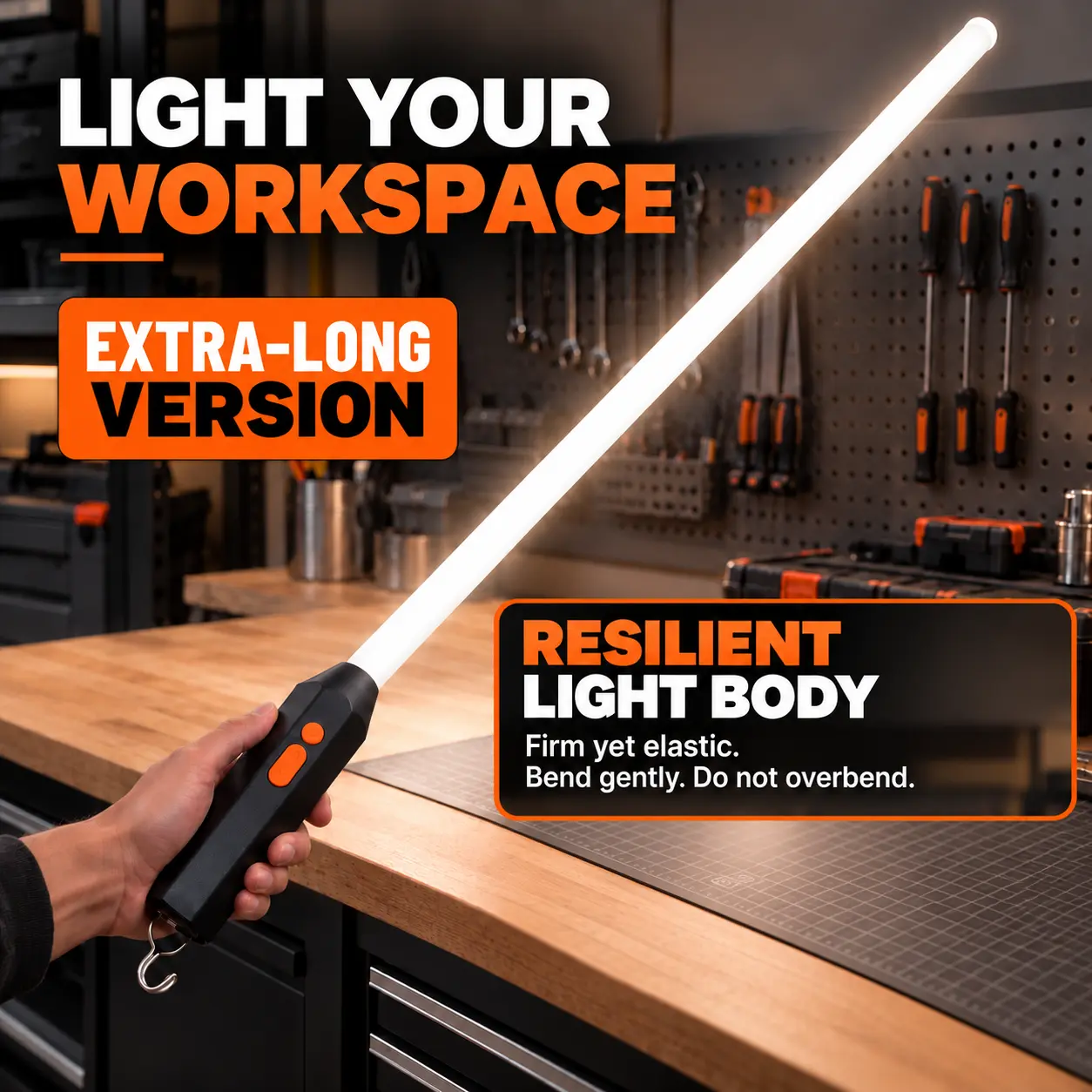 Bendable LED Flashlight Stick, 43-Inch Extra-Long Rechargeable LED Work Light, Upgraded Brightness, Hands-Free Inspection Light with Hanging Hook for Car Repair, Under Hood, Garage, Mechanics and DIY